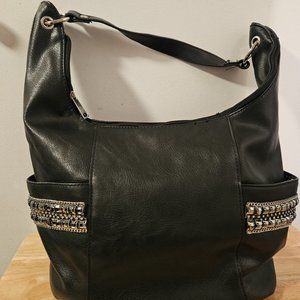 Black Bucket Bag Handbag Silver Hardware Faceted Beads & Chain Side Pockets